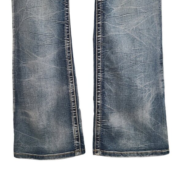 Arya Jeans Embroidered Flap Pockets 90s Y2K Flared Stretch Mid Rise Denim 35X32 - Picture 9 of 12